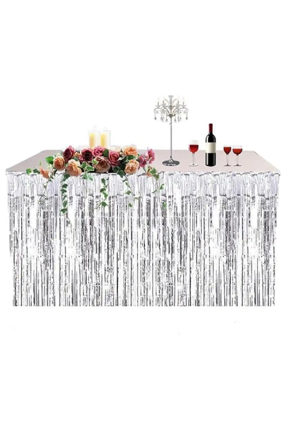 Huzur Party Store Metalik Folyo Püskül Gümüş Masa Eteği Modern ve Şık Dekorasyon Çözümü
