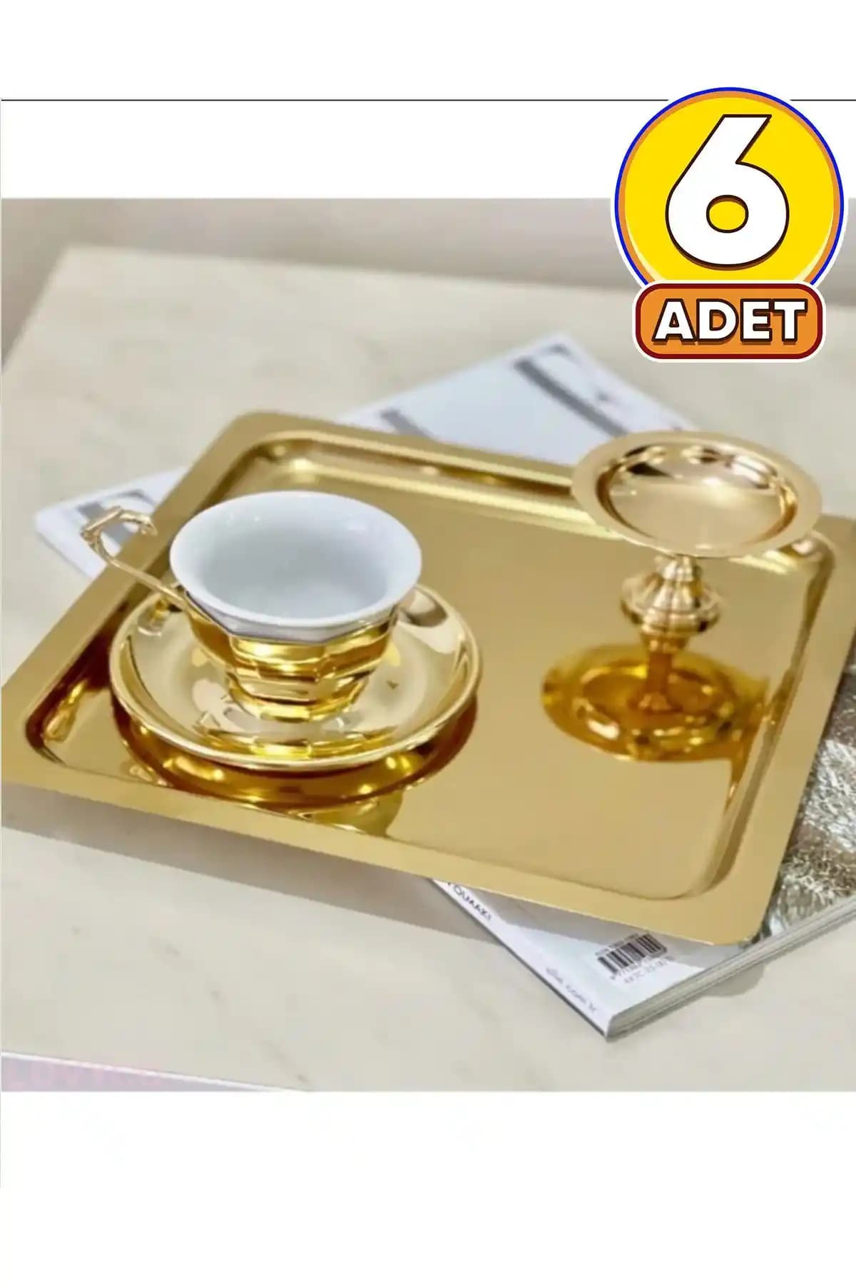 Abant 6'lı Parlak Altın Kare Paslanmaz Çelik Kahve Servis Tepsisi Seti