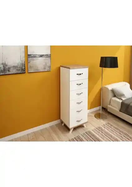 Aeka -3038 Belinda Modern ve Fonksiyonel Beyaz Şifonyer 6 Çekmeceli Depolama Ünitesi