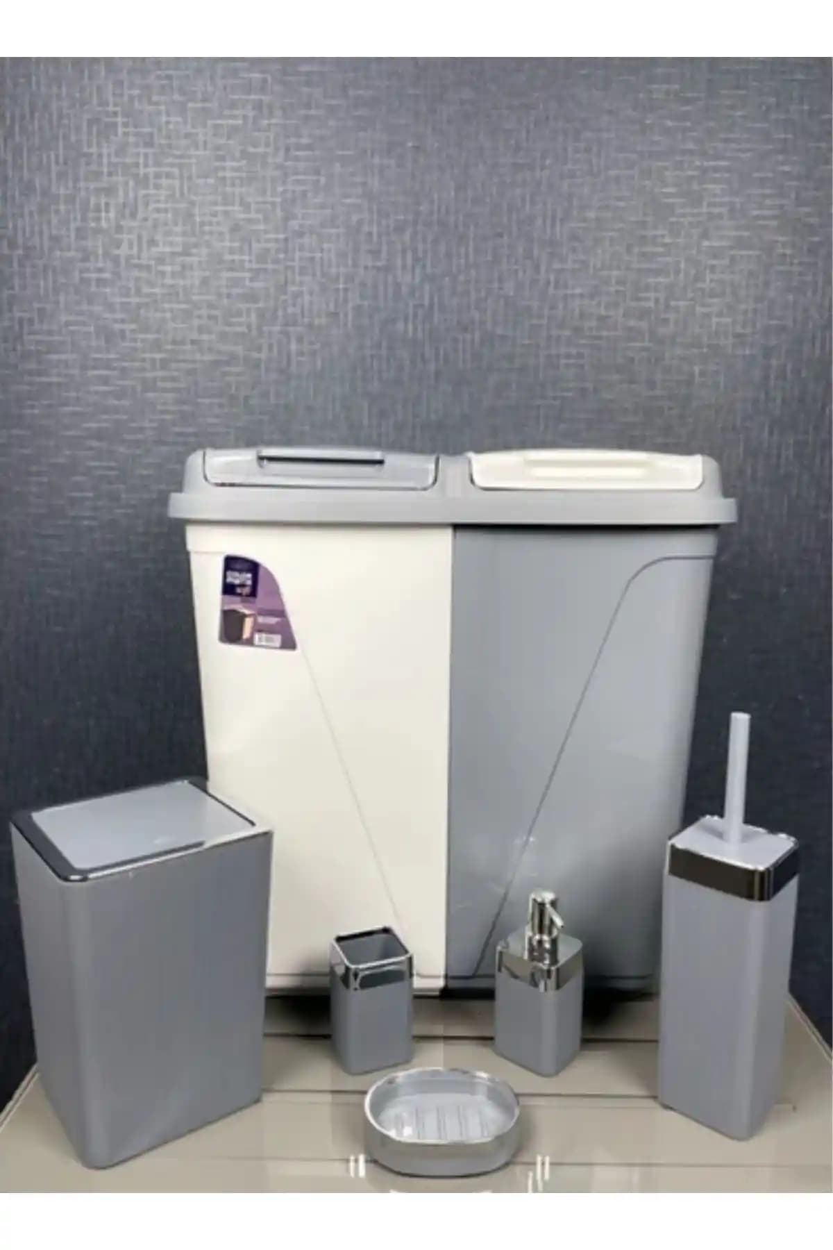 AHİR TİCARET 6 Parça Kirli Çamaşır Sepeti ve Banyo Seti Modern Tasarım