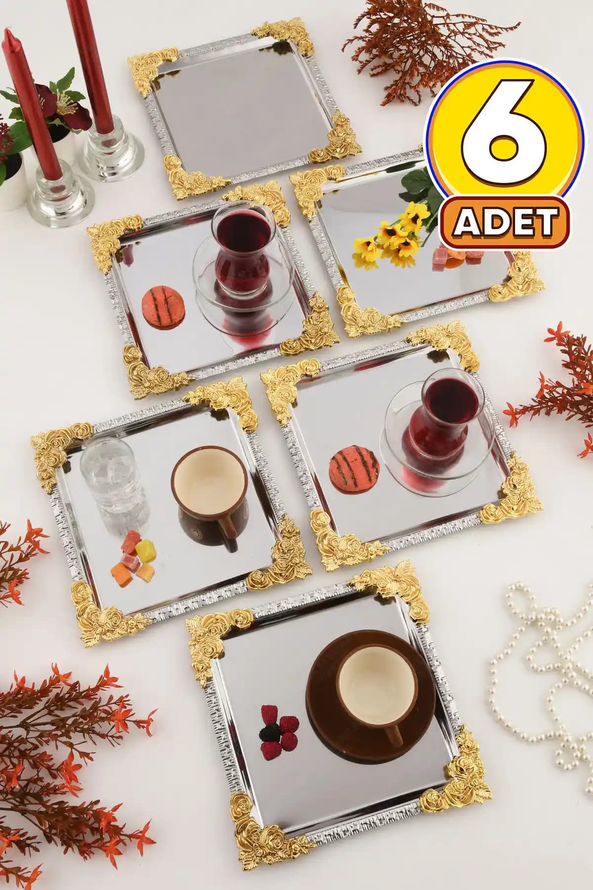 AKSESUAR EVRENİ ALVE Gold Çerçeveli Çiçek Desenli Paslanmaz Kare Sunumluk Tepsi