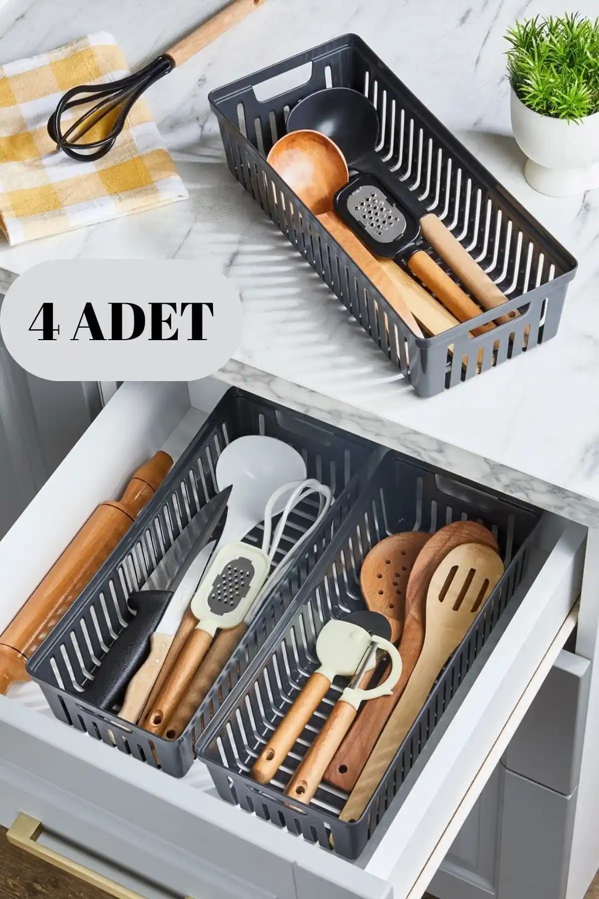 ALP HOME 4'lü Antrasit Modüler Kaşıklık ve Kepçelik Seti Mutfak Organizasyonu İçin Uygun
