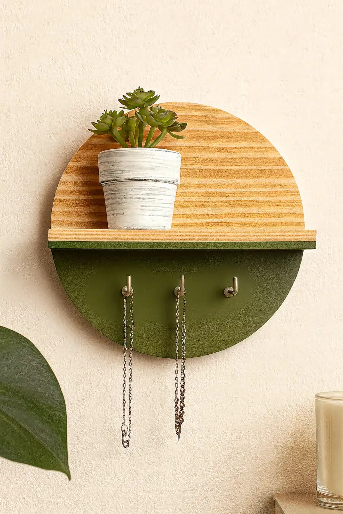 Alyones Kancalı Mini Yuvarlak Raf: Modern ve Şık Ahşap Duvar Dekoru Tasarımı