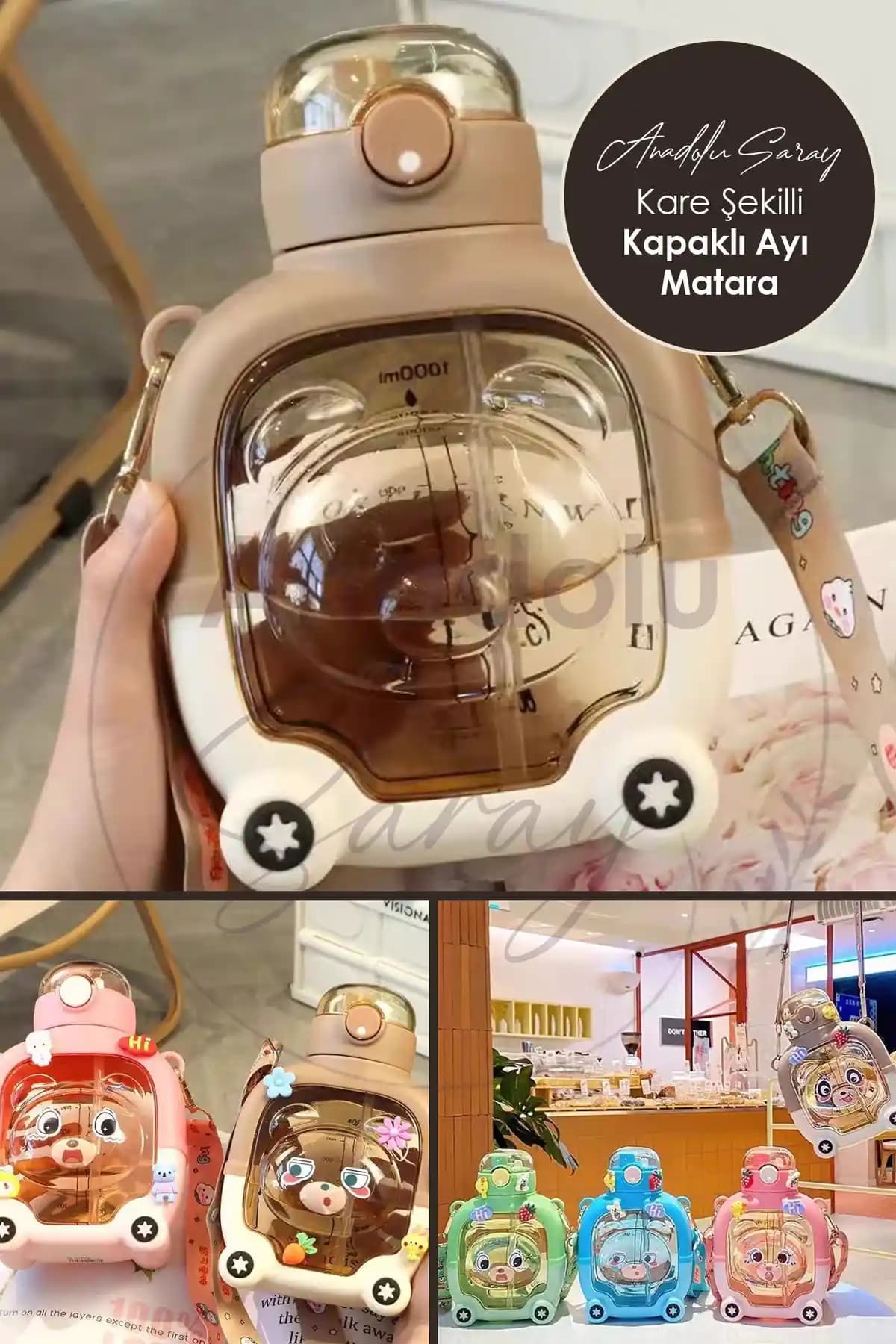 Anadolu Saray Kapaklı Kare Ayıcık Model Su Matarası 1 Litre, Çocuklar ve Gençler İçin Uygun