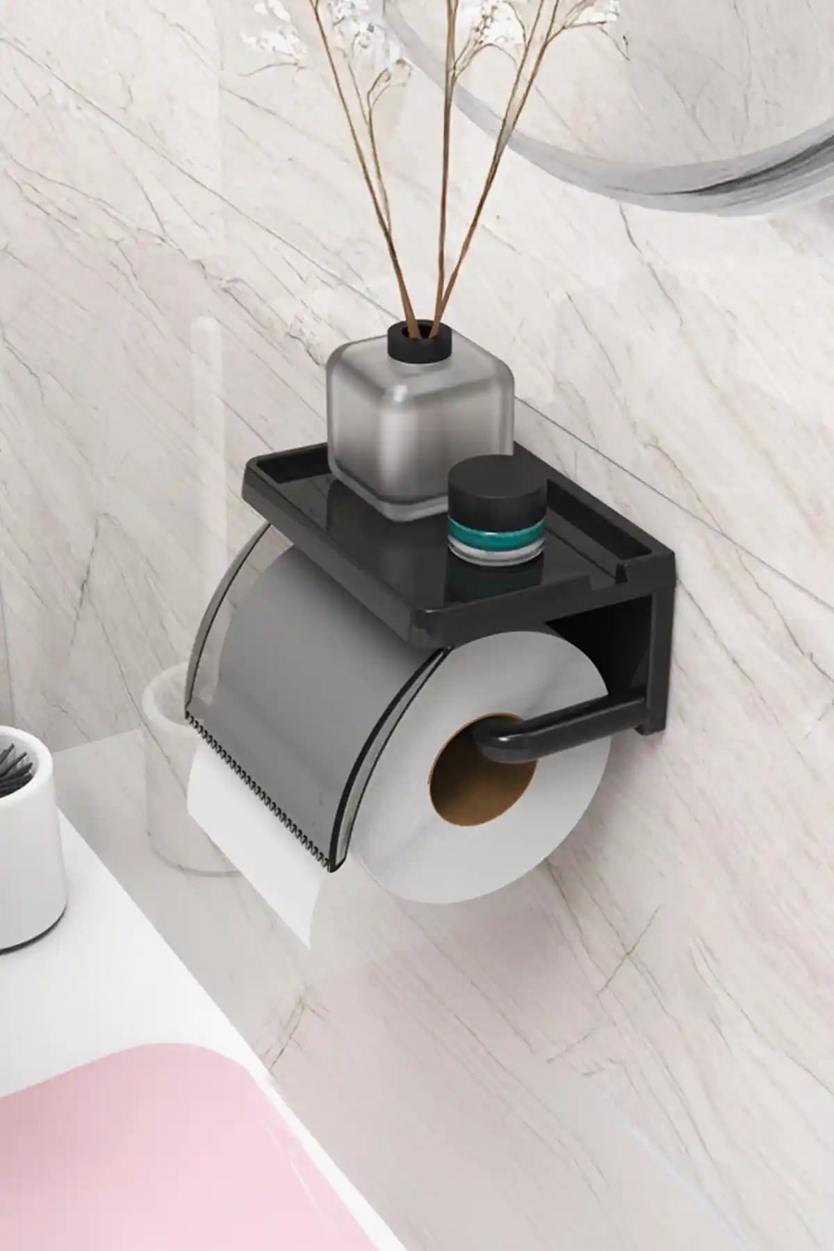 ATA HOME Yapışkanlı Kapaklı Tuvalet Kağıdı Askısı Modern ve Pratik Banyo Aksesuarı