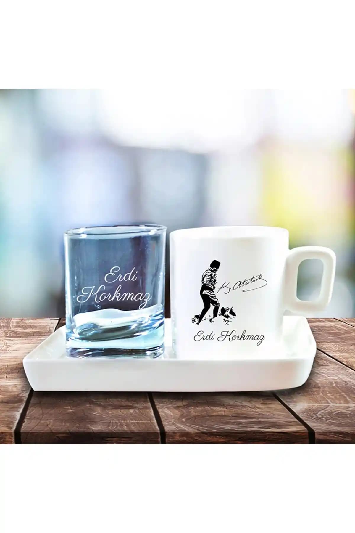 Atatürk Kocatepe Silueti Baskılı Kişiselleştirilebilir Türk Kahvesi Fincanı ve Bardağı Seti