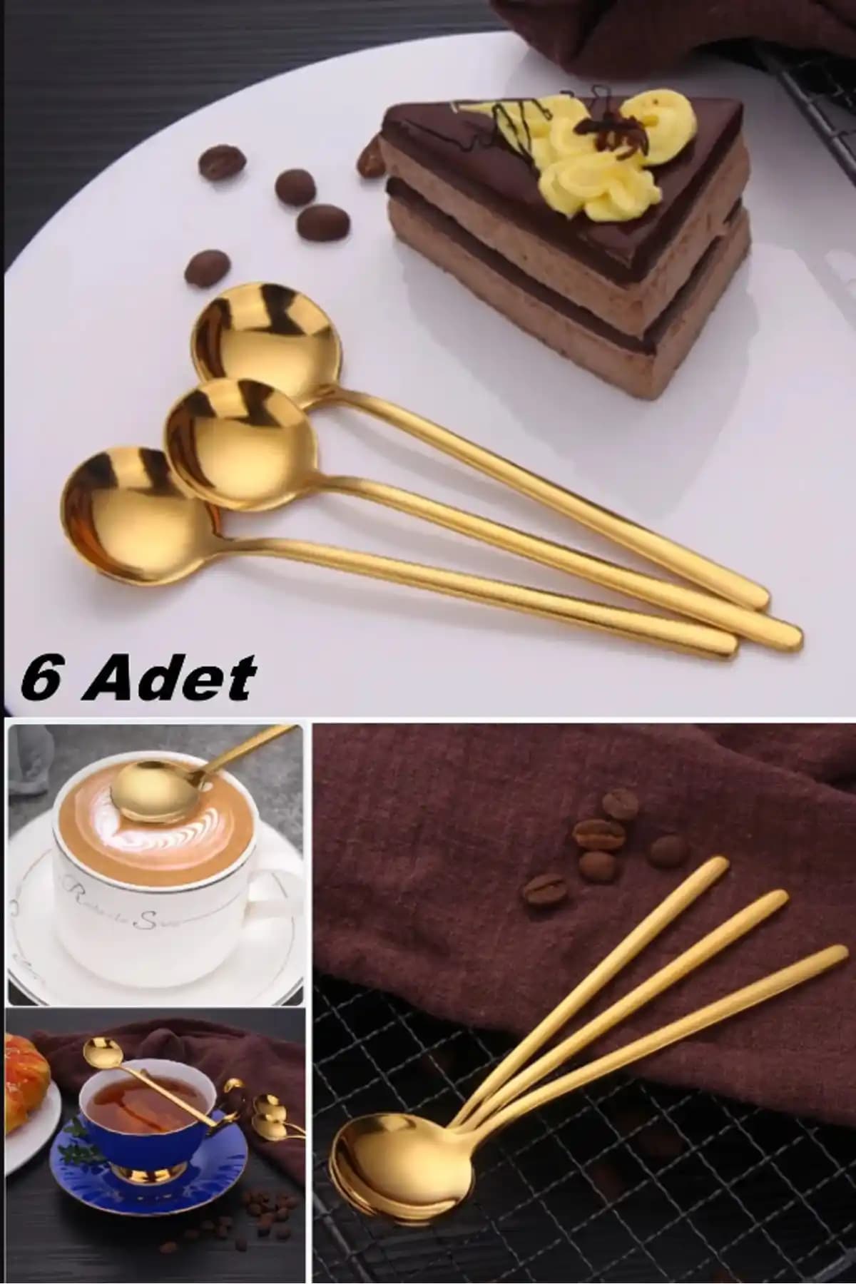 AYGÖREN HOME 6'lı Lüx Paslanmaz Çelik Kaşık Seti Altın Renkli Uzun Saplı Şık Tasarım