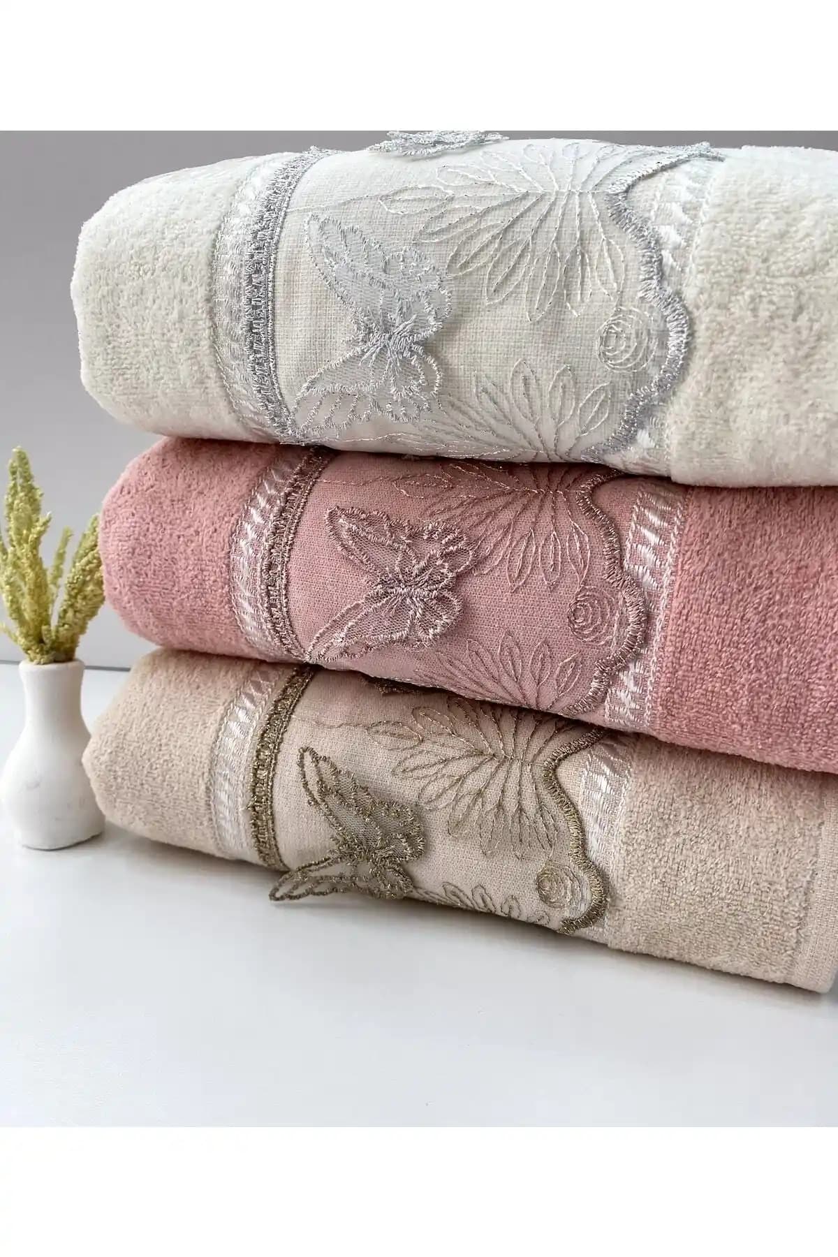 AYHANHOME 3D Kelebek Güpürlü 3'lü Pamuklu Havlu Seti Şık ve Dayanıklı Banyo Aksesuarı