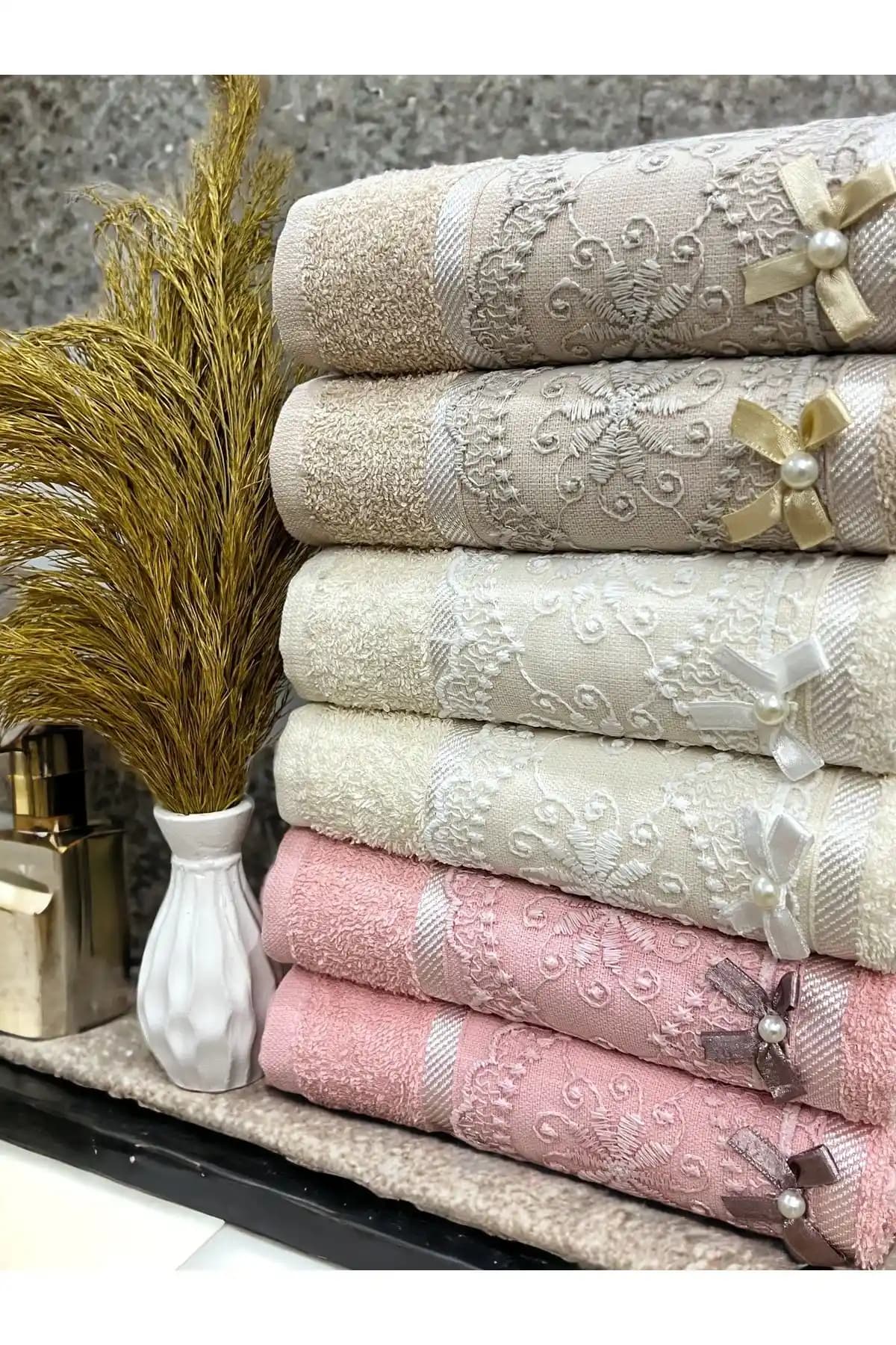 AYHANHOME 6'lı %100 Pamuklu Güpürlü Fiyonklu El Yüz Havlu Seti 50x90