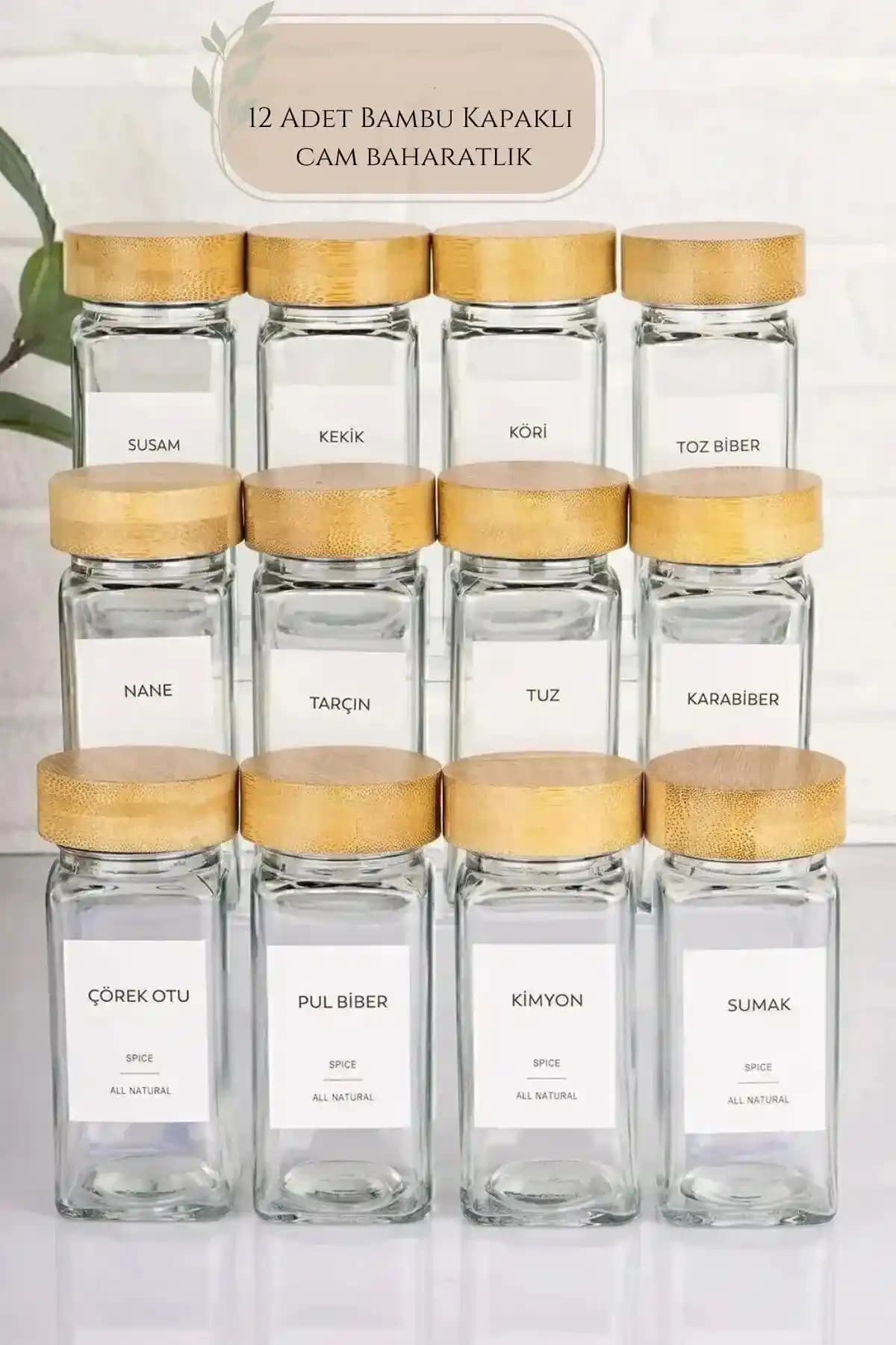 Berdina Home 12'li Bambu Kapaklı Cam Kare Baharatlık Seti Modern ve Şık Mutfak Dekorasyonu İçin