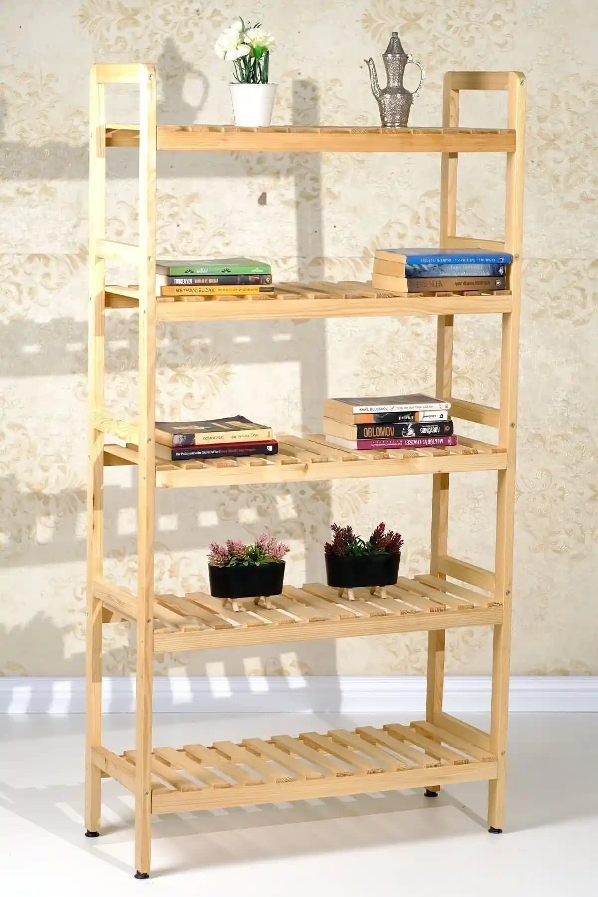 Bienart Ahşap 5 Raflı Masif Kitaplık Klasik Stil ve Doğal Ahşap Tasarım