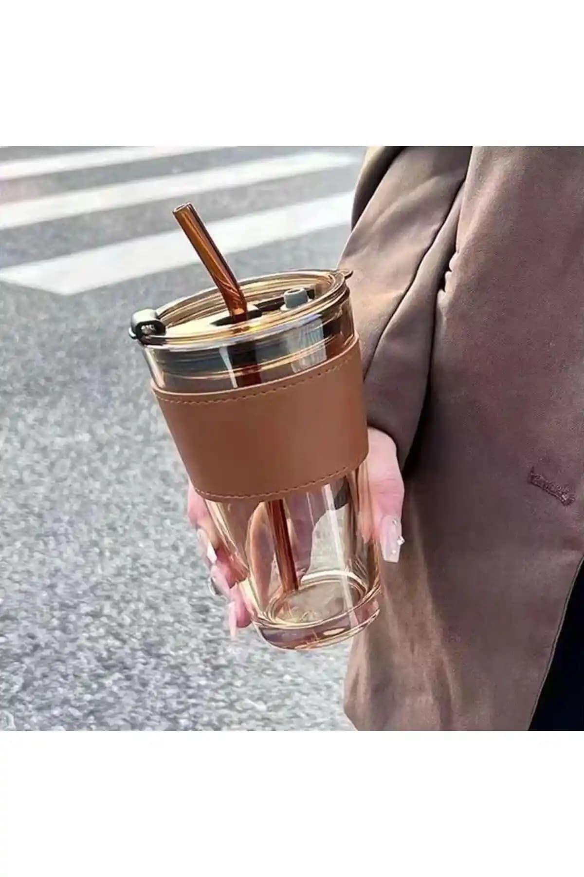 BLUE SİDE 450ml Isıya Dayanıklı Pipetli Borosilikat Retro Deri Şeritli Bardak