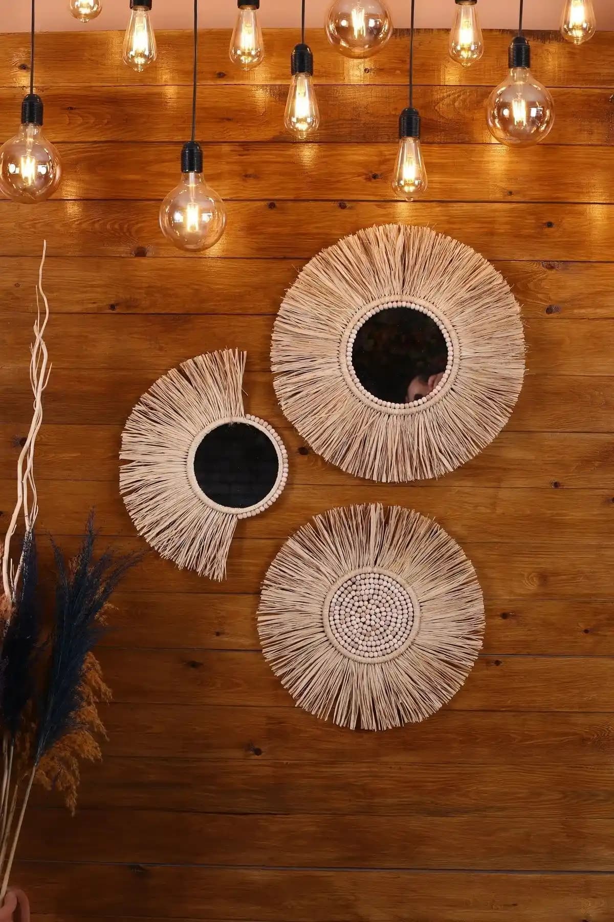 Bohem Tarzını Yansıtan El Yapımı 3’lü Dekoratif Ayna Seti — Sıcak ve Doğal Atmosfer İçin