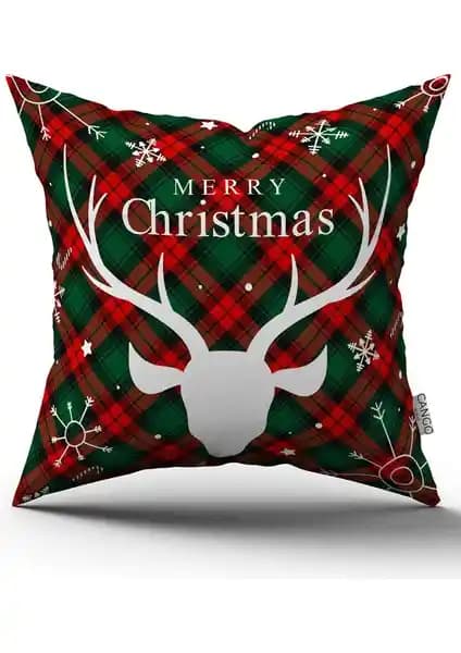Cango Home Kırmızı Yeşil Ekose Yılbaşı Temalı Dijital Baskılı Kırlent Kılıfı 43x43 cm