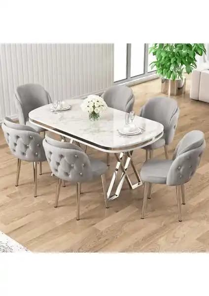 Canisa Zae Serisi 90x168 Lak Panel Beyaz Mermer Desenli Masa Takımı
