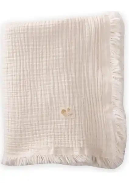 Cigit Dört Kat Püsküllü Müslin Battaniye 80x120 Cm Doğal ve Yumuşak Bebek Battaniyesi