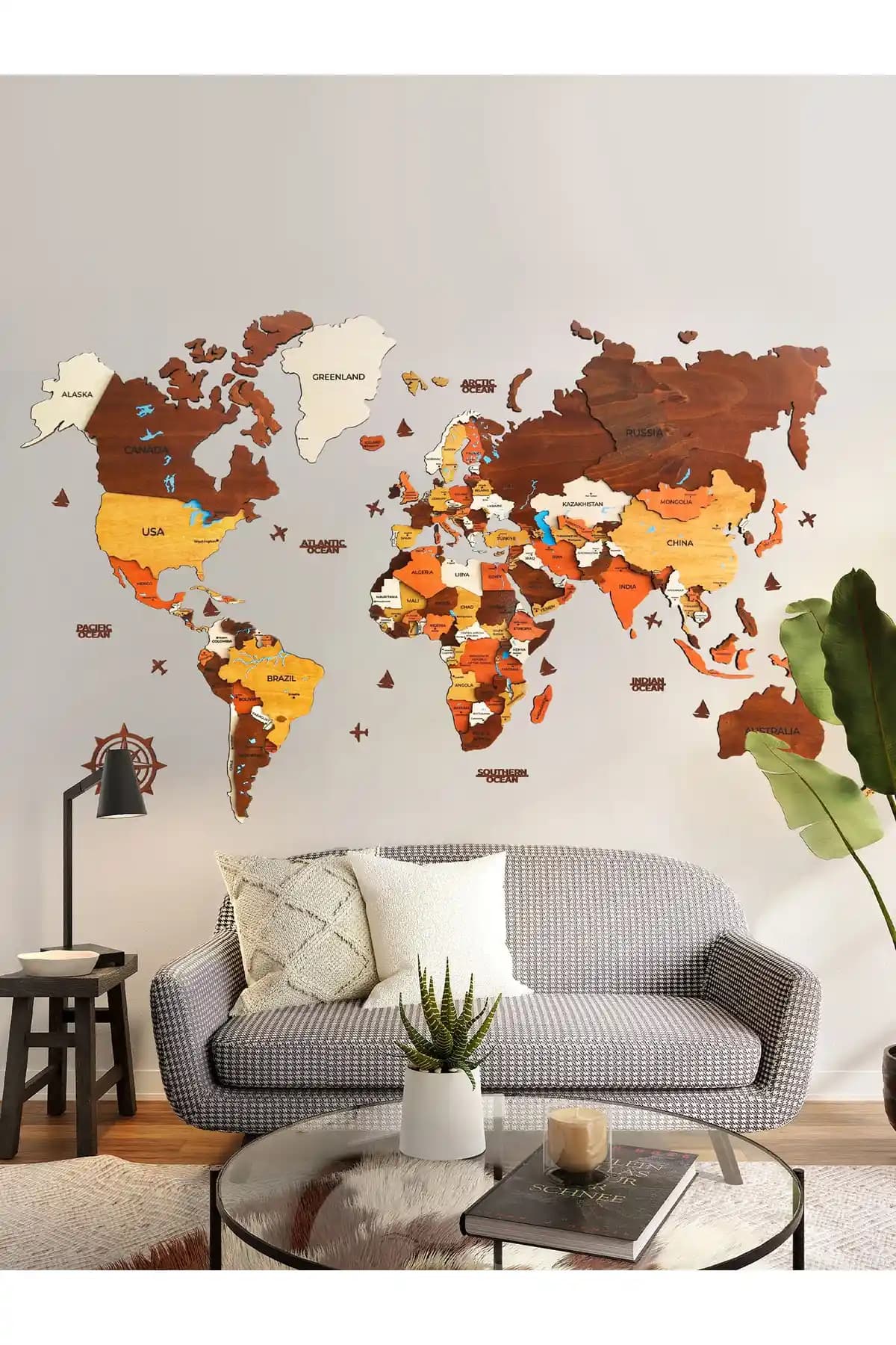 Crowart Ahşap Dünya Haritası Modern ve Şık Dekorasyon Parçası