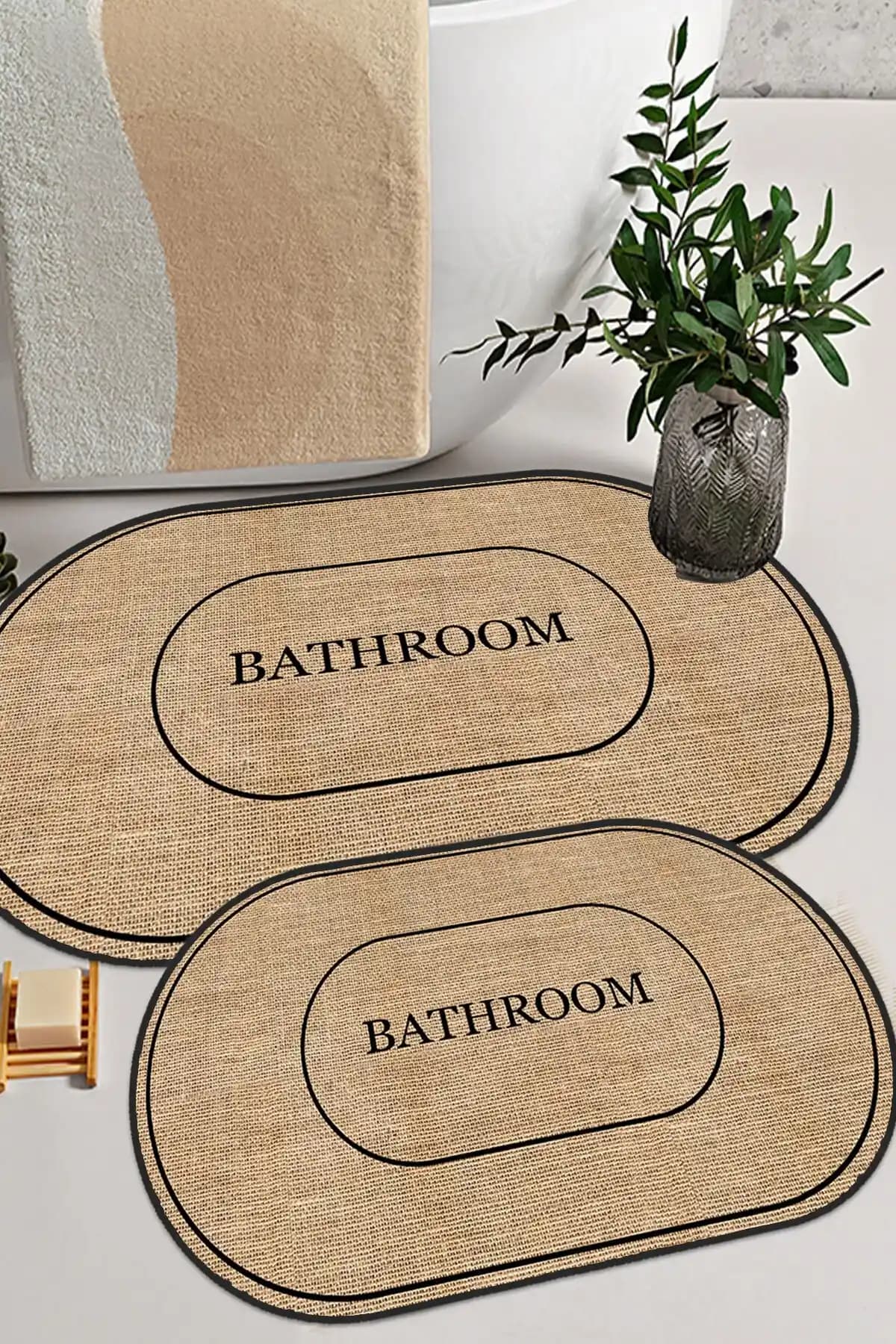 Decomia Home Yıkanabilir Kaymaz Jüt Görünümlü Modern Banyo Paspası 60x90 cm