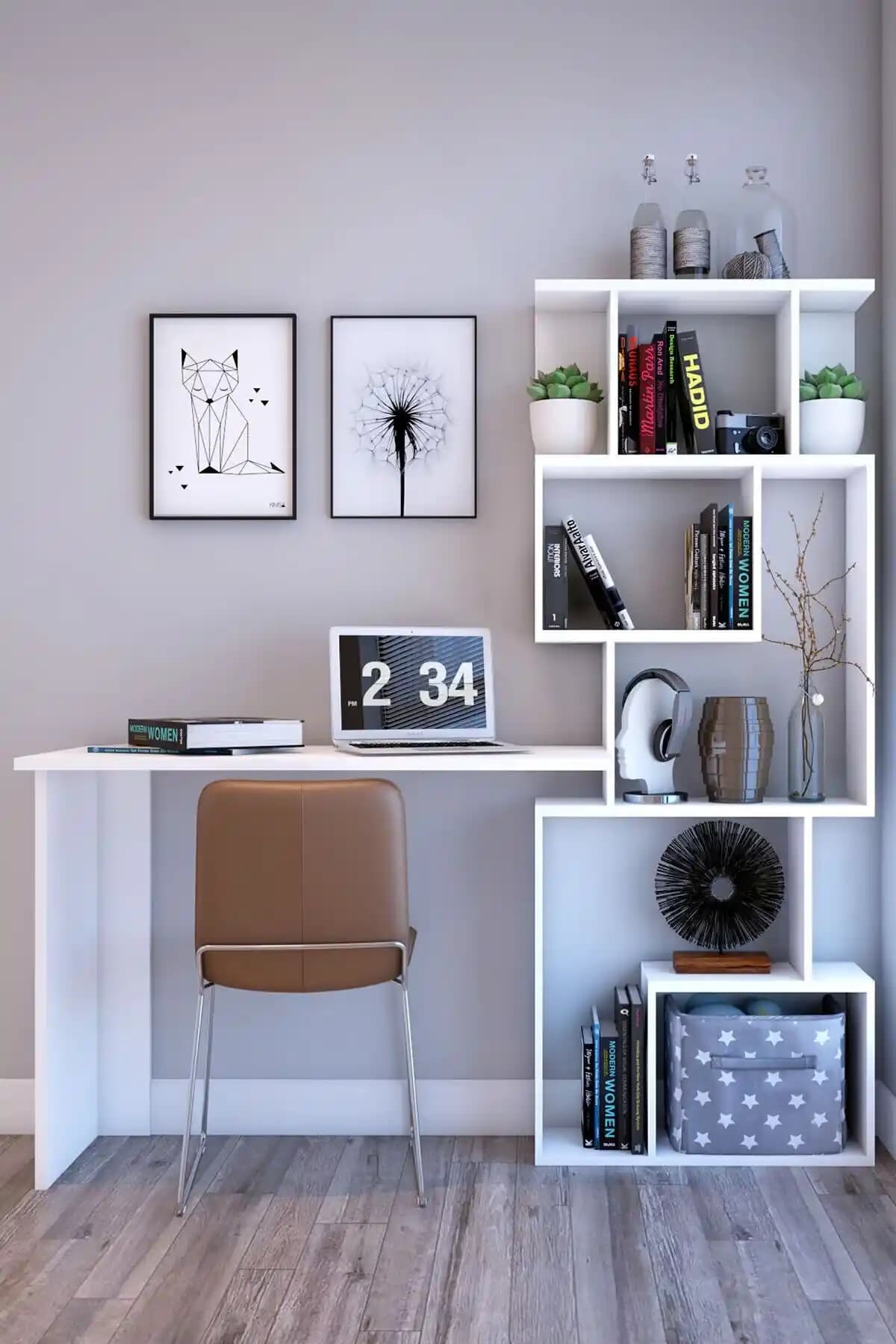 Dekoronya Marla Kitaplıklı Çalışma Masası Beyaz Modern ve Fonksiyonel Tasarım