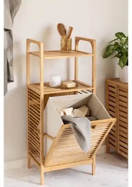Digithome Bambu Çok Amaçlı Banyo Düzenleyici 2 Raflı ve Kirli Sepetli Tasarım
