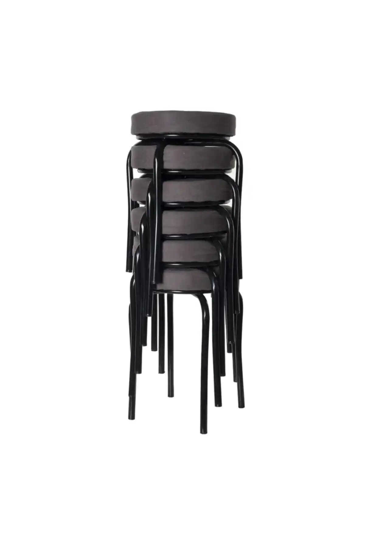 Ekipmetal Siyah Demir Ayaklı Gri Kumaş 6'lı Mutfak ve Balkon Tabureleri