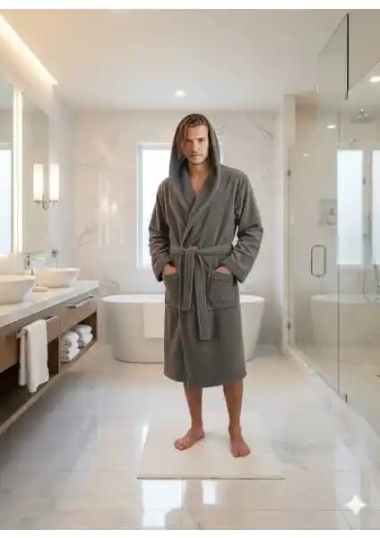 Ephemeris Kapşonlu Bukle Bornoz Antrasit Renkli Yüksek Emicilik ve Şıklık Sunar