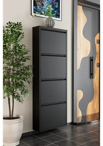 EVDEMO 4 Kapaklı Metal Ayakkabılık Siyah Modern ve Dayanıklı Depolama Çözümü