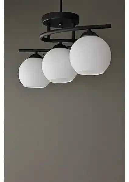 Fer Avize Fuji Modern Dekoratif Siyah Renk Beyaz Camlı 3'lü Salon Mutfak Yatak Odası Avizesi