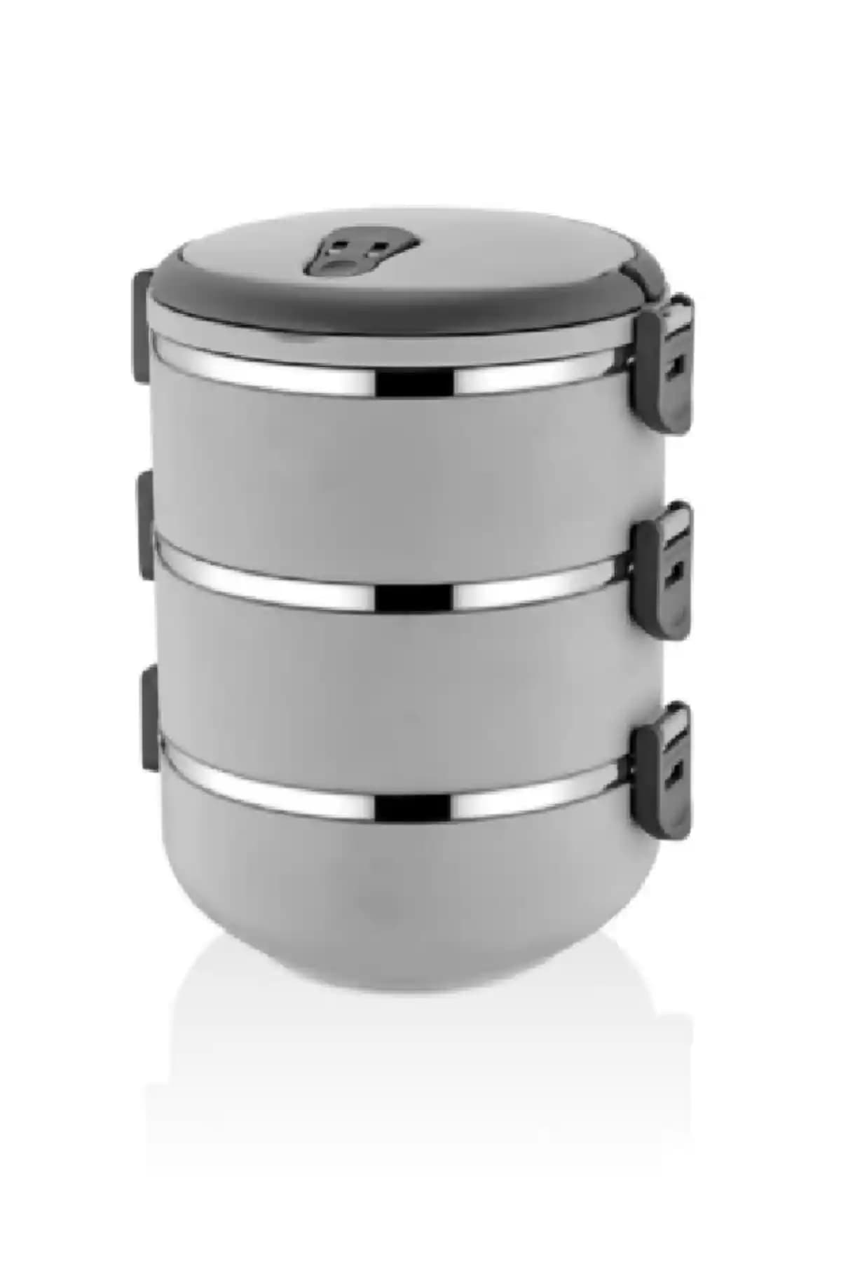 FreshBox Gri 3 Katlı Sızdırmaz Yemek Termosu Sefer Tası Günlük ve Seyahat Kullanımı