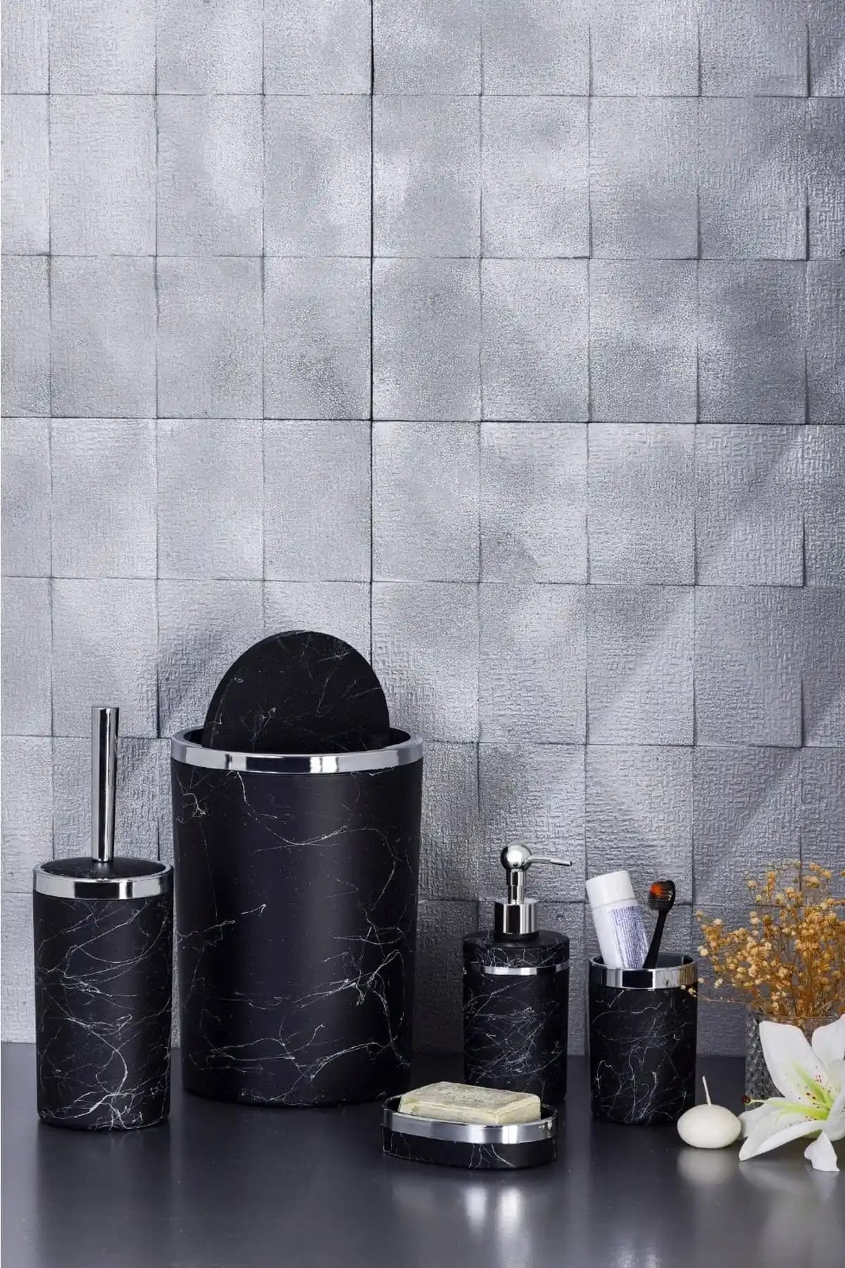 Genel Markalar 5 Parça Mermer Desen Mat Banyo Seti Modern ve Şık Tasarım
