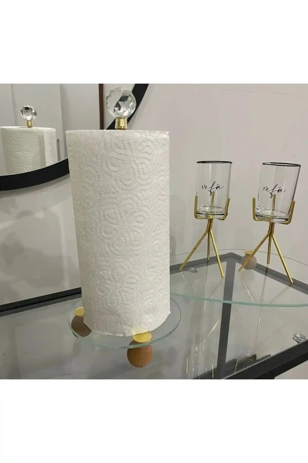 Genel Markalar Gold Dekoratif Ahşap Top Ayaklı Kristal Taşlı Cam Kağıt Havluluk