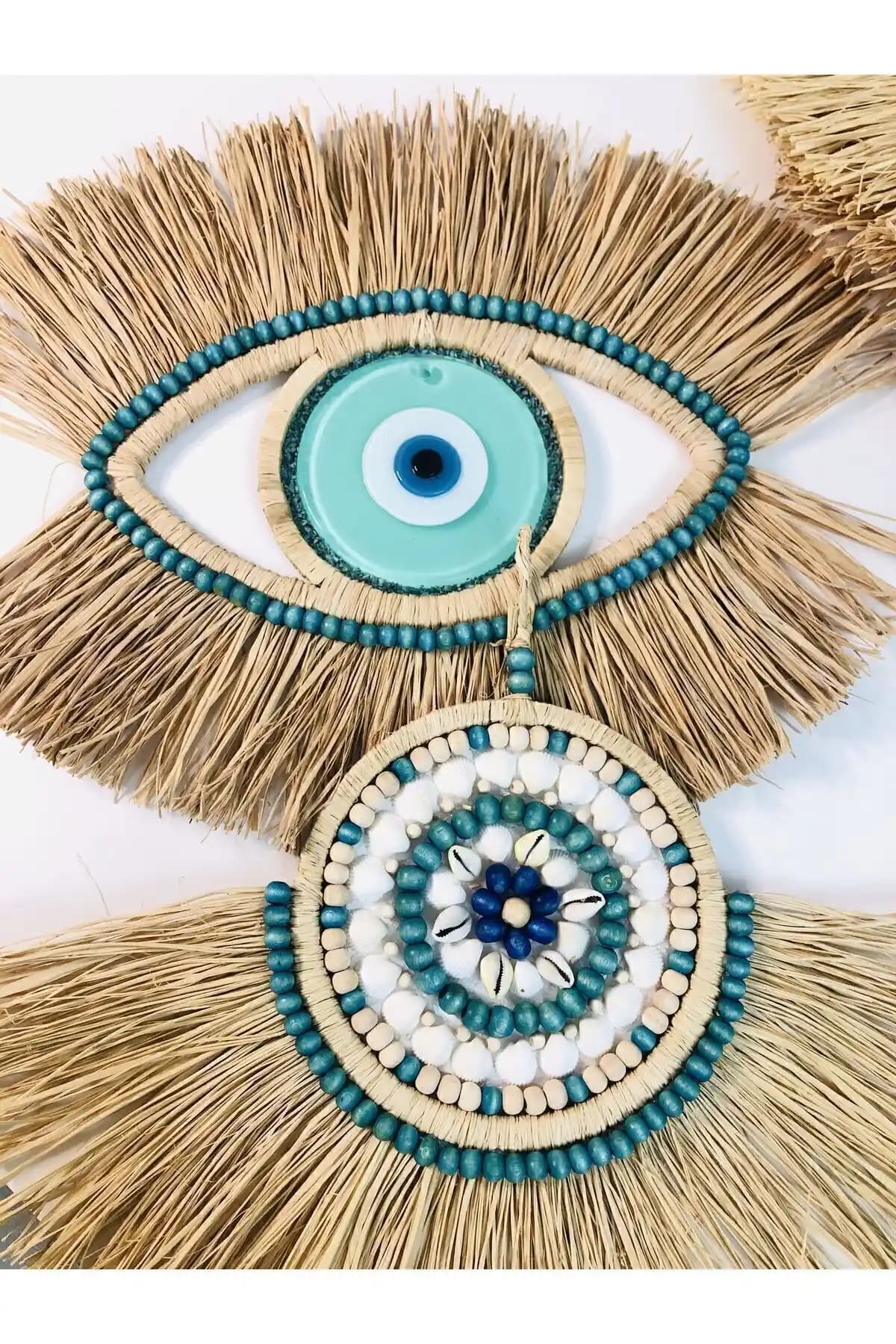 Genel Markalar Turkuaz Renkli Doğal Rafya ve Nazar Boncuklu İkili Duvar Dekoru