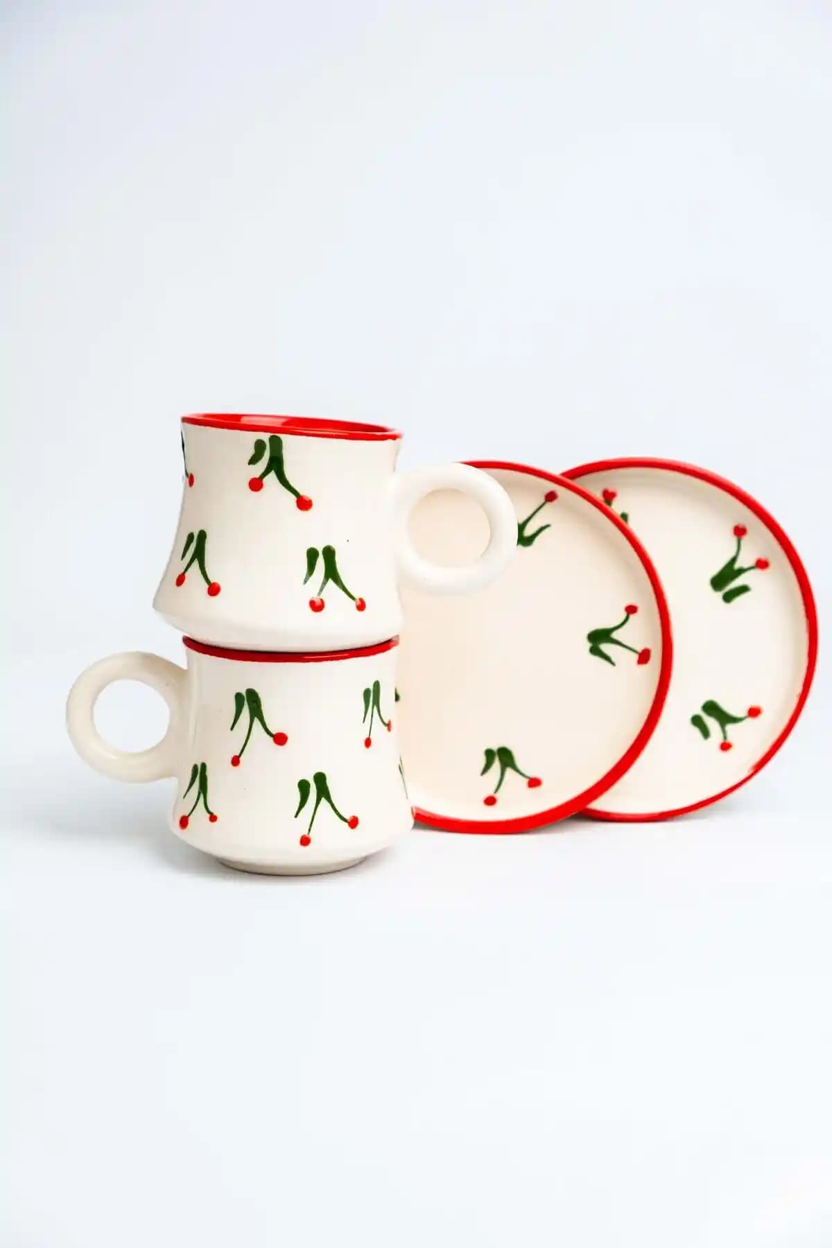 Gezdikçe Bilelim 2’li Takım Kirazlı Desenli El Yapımı Seramik Kahve Fincanı