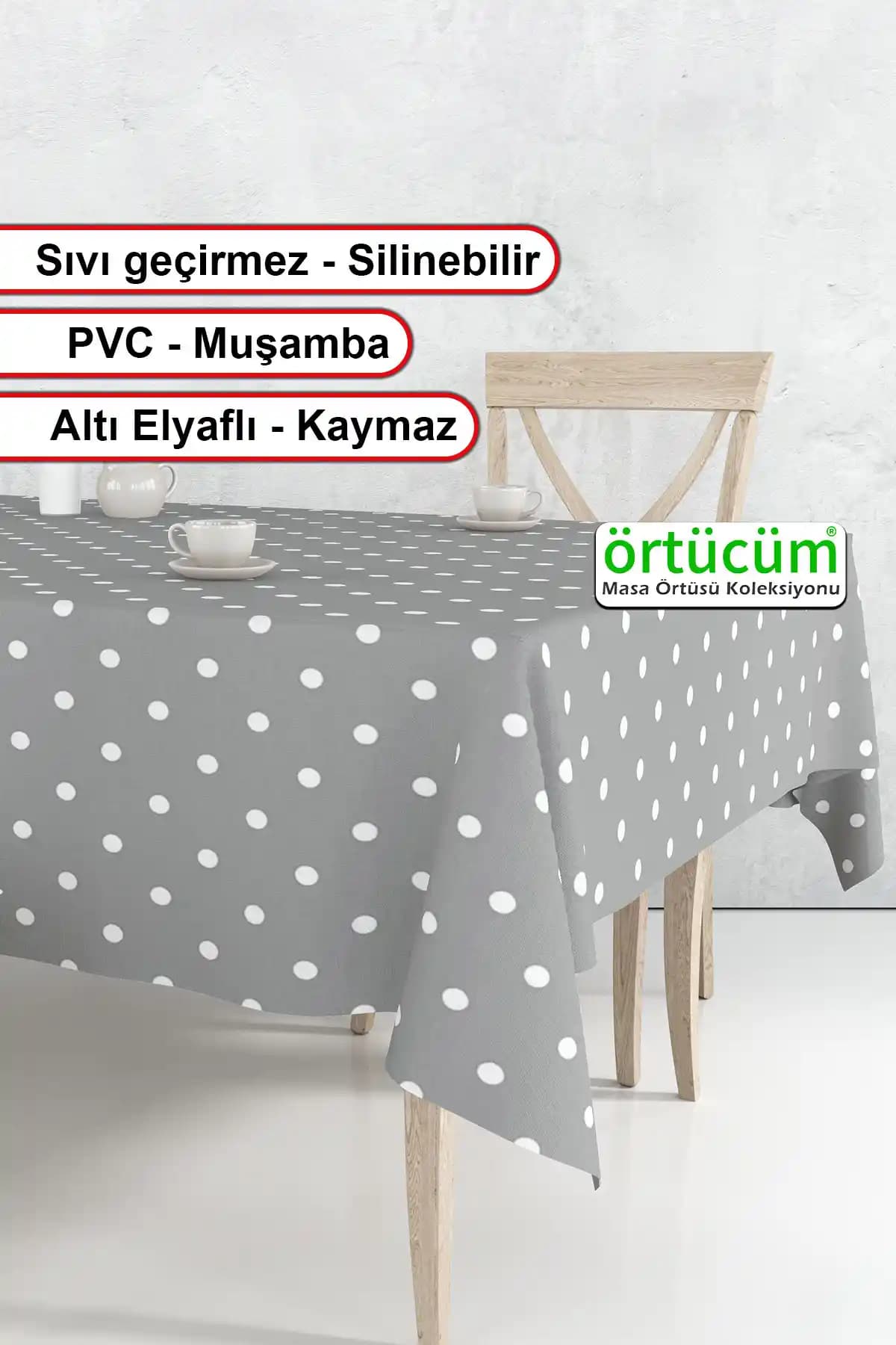 Gri Beyaz Puantiyeli Silinebilir PVC Masa Örtüsü Modern ve Dayanıklı Tasarım