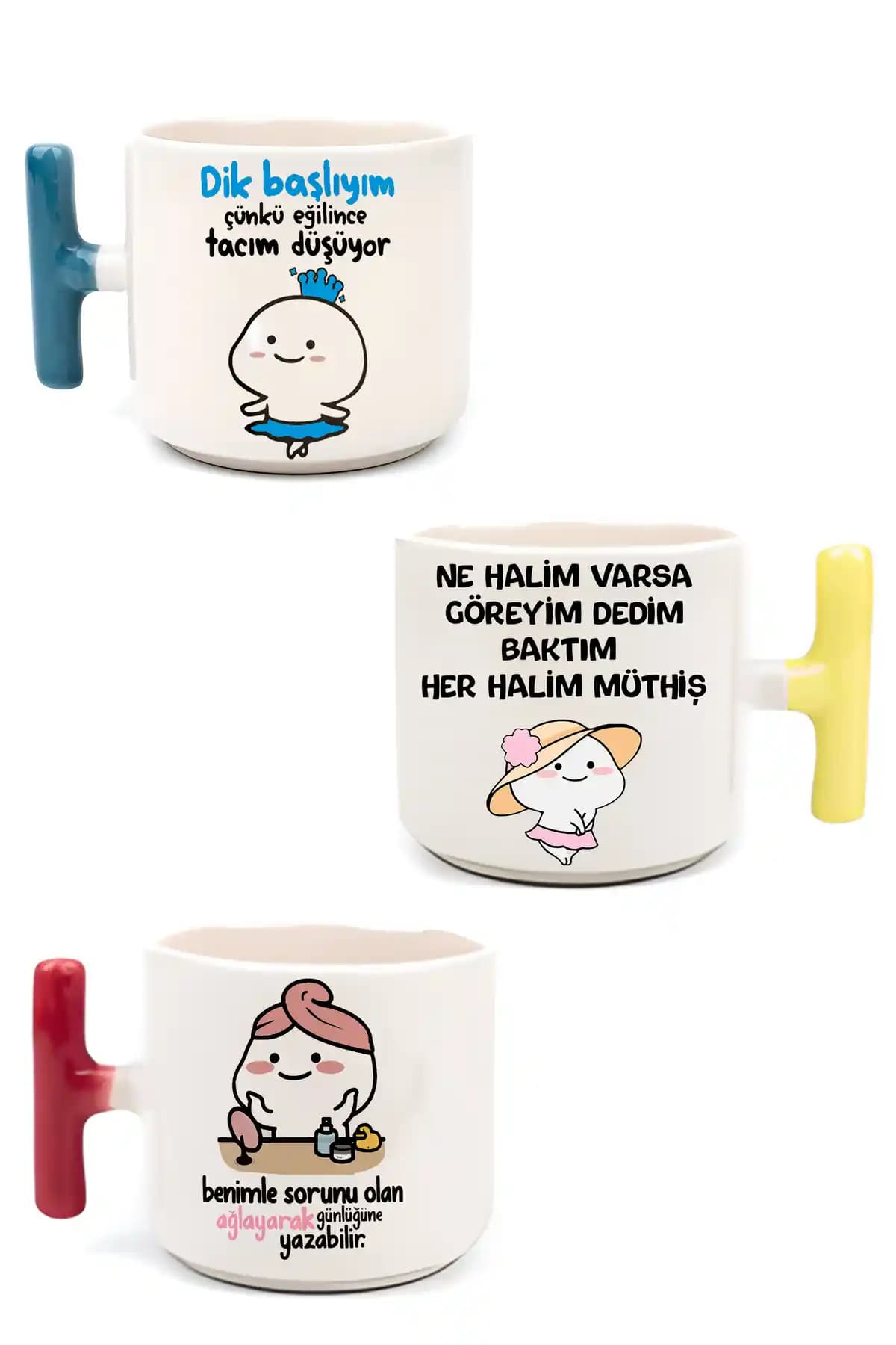 GünayStore Renkli Mochi Cat Baskılı 3'lü Seramik Kahve Fincan Seti Doğum Günü Temasıyla