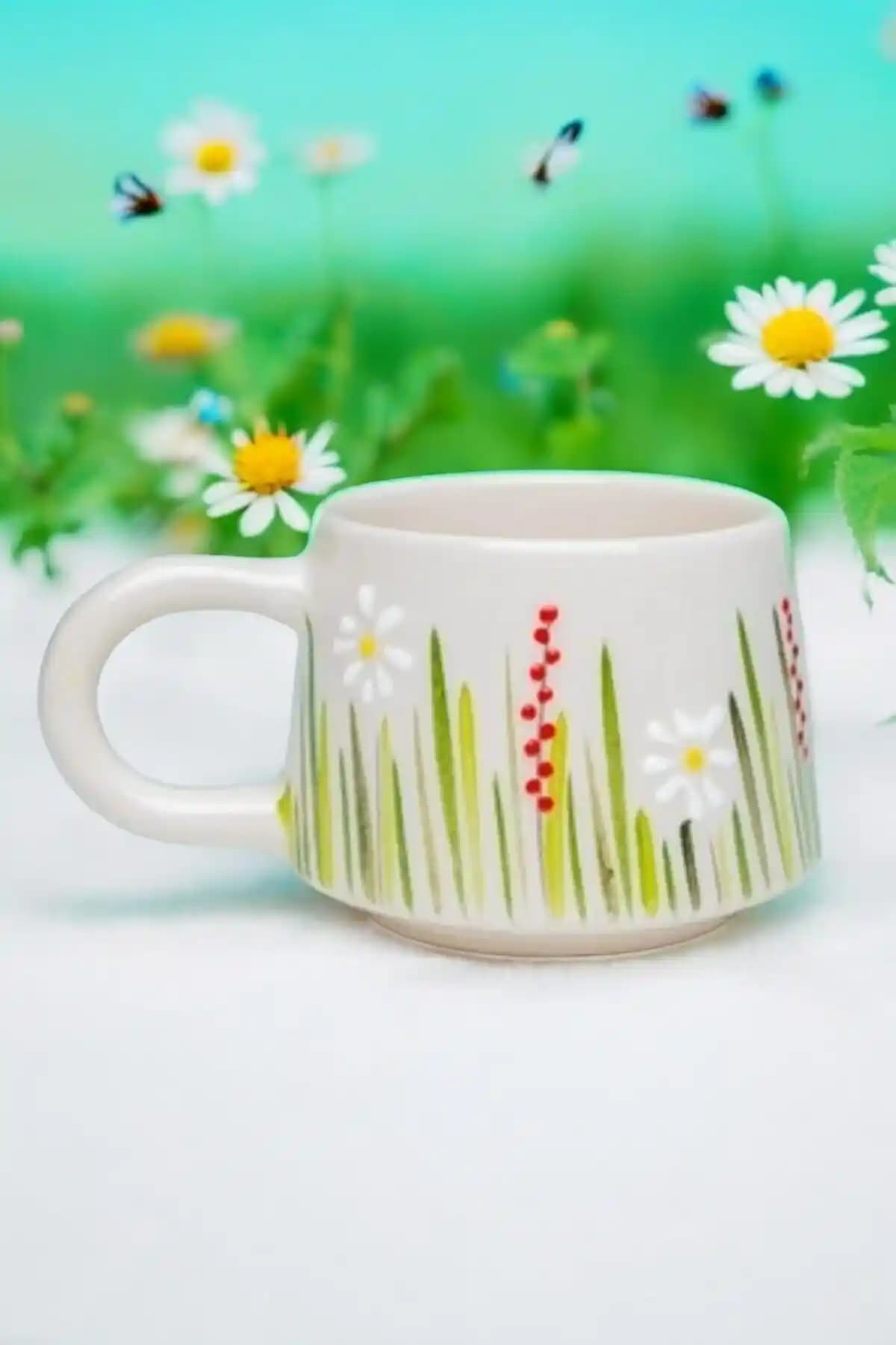 İlbay Çini Takı Seramik Kahve Fincanı Beyaz Papatya Deseni Günlük Kullanım İçin Uygun