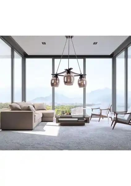 Inka 3'lü Siyah Lins Füme Camlı Sarkıt Avize Modern İç Mekan Dekorasyonu İçin