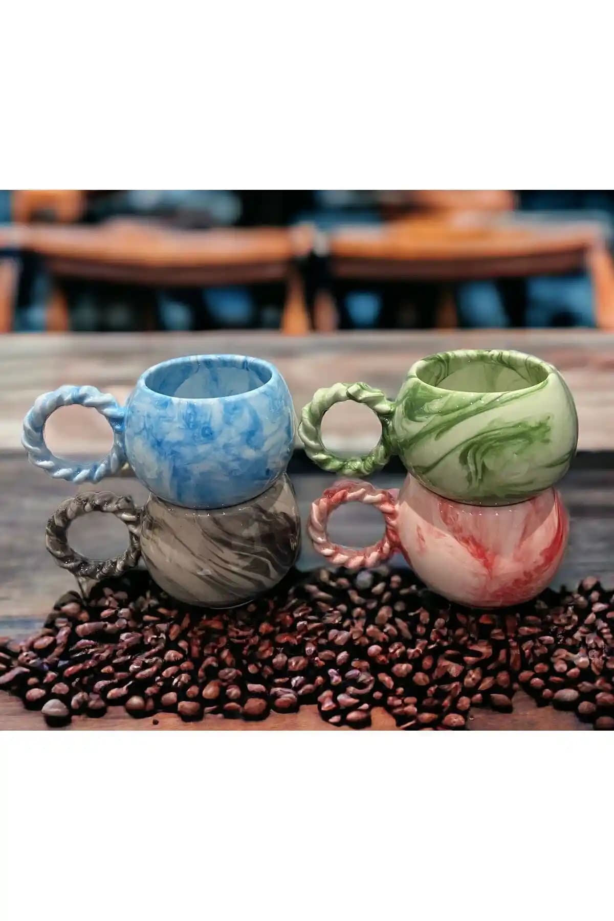 İZart 4’lü Baloncuk Örgü Kulp Ebruli Seramik Kupa Seti Şık ve Dayanıklı Tasarım