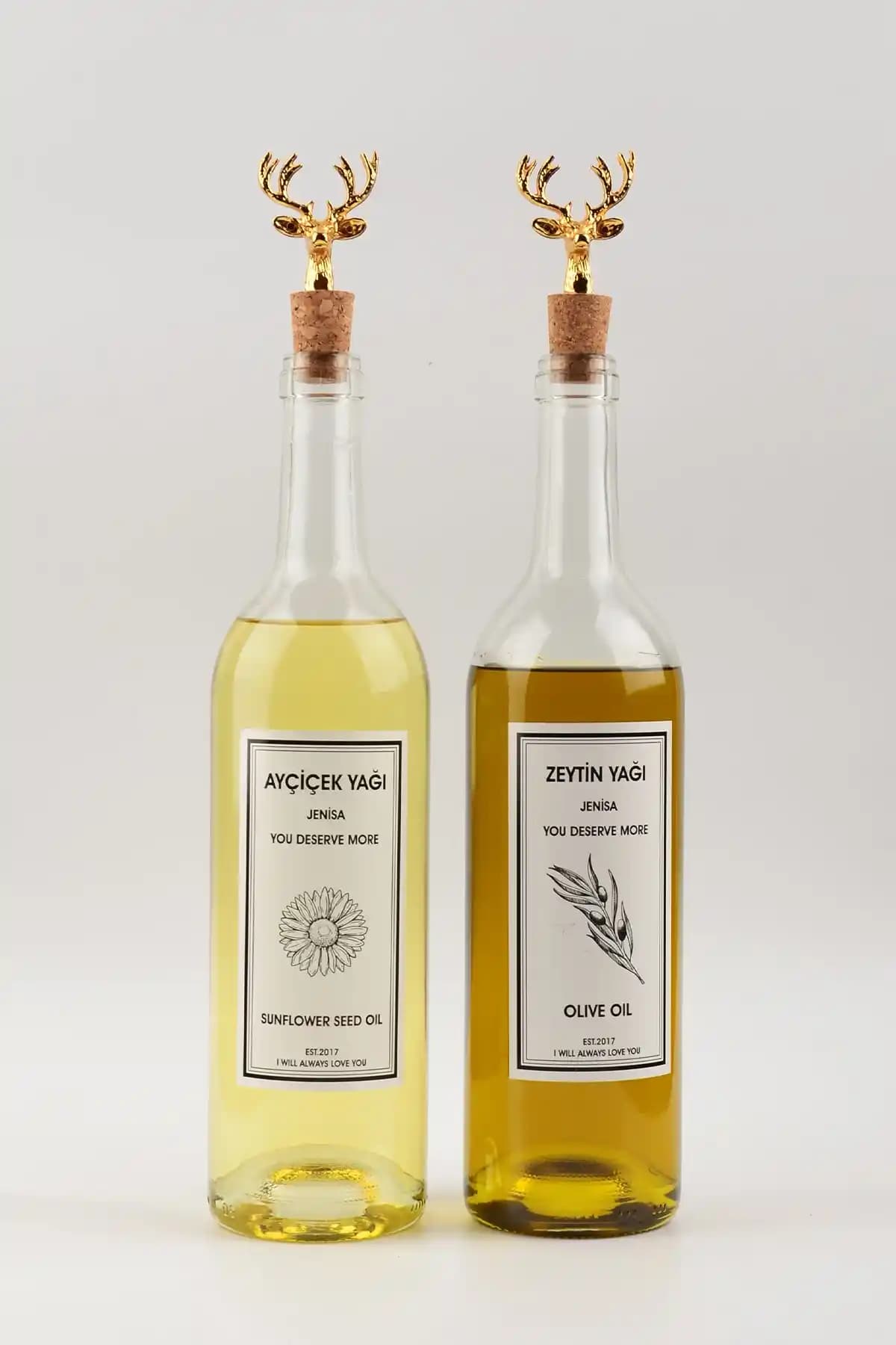 Jenisa Altın Geyik Akıtmaz Tıpalı Dibi Çukur Şeffaf Cam Şişe 2'li 750 Ml Yağdanlık