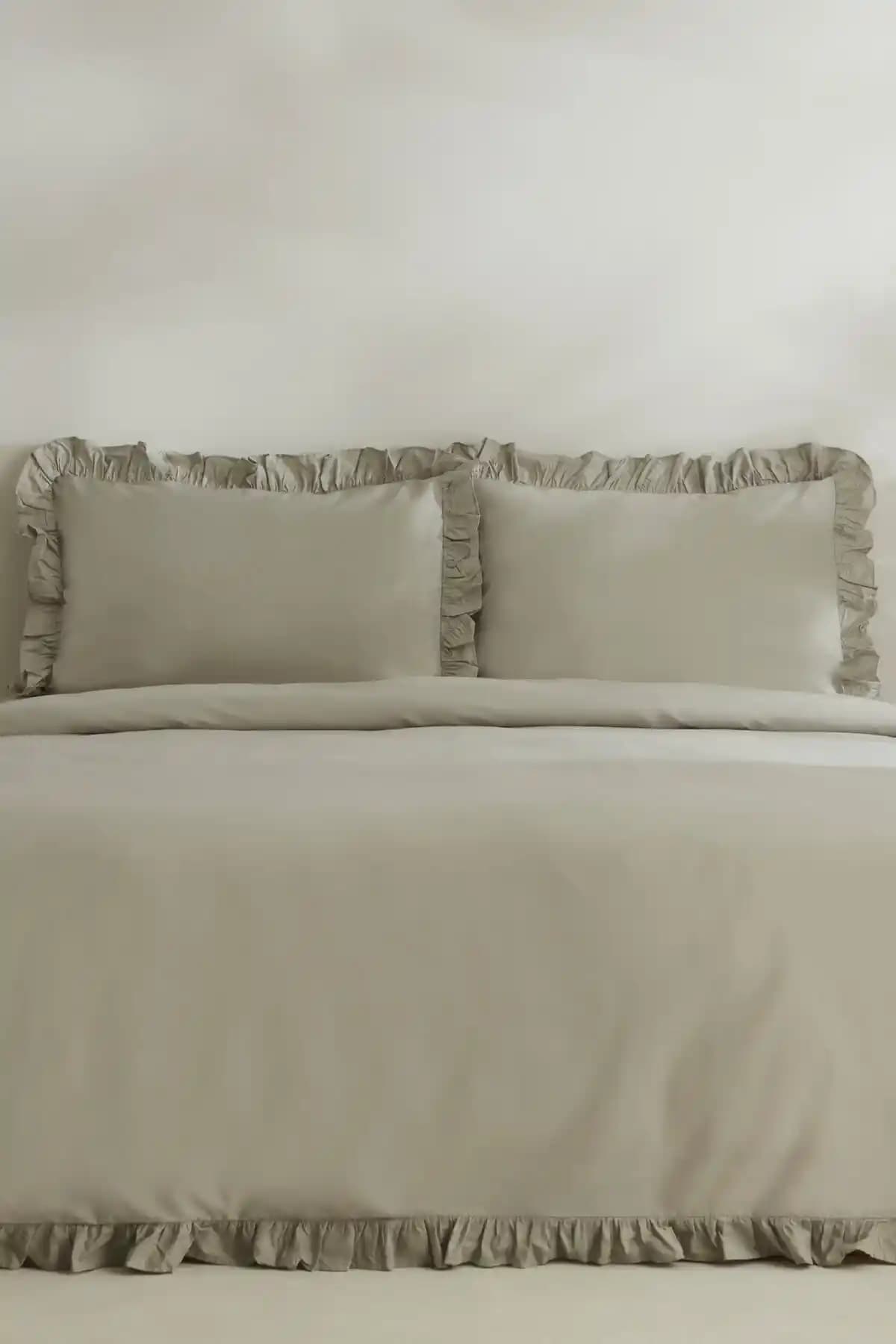 Karaca Home Pure Ruffle %100 Pamuk Çift Kişilik Nevresim Takımı Adaçayı Renkli Şık Tasarım