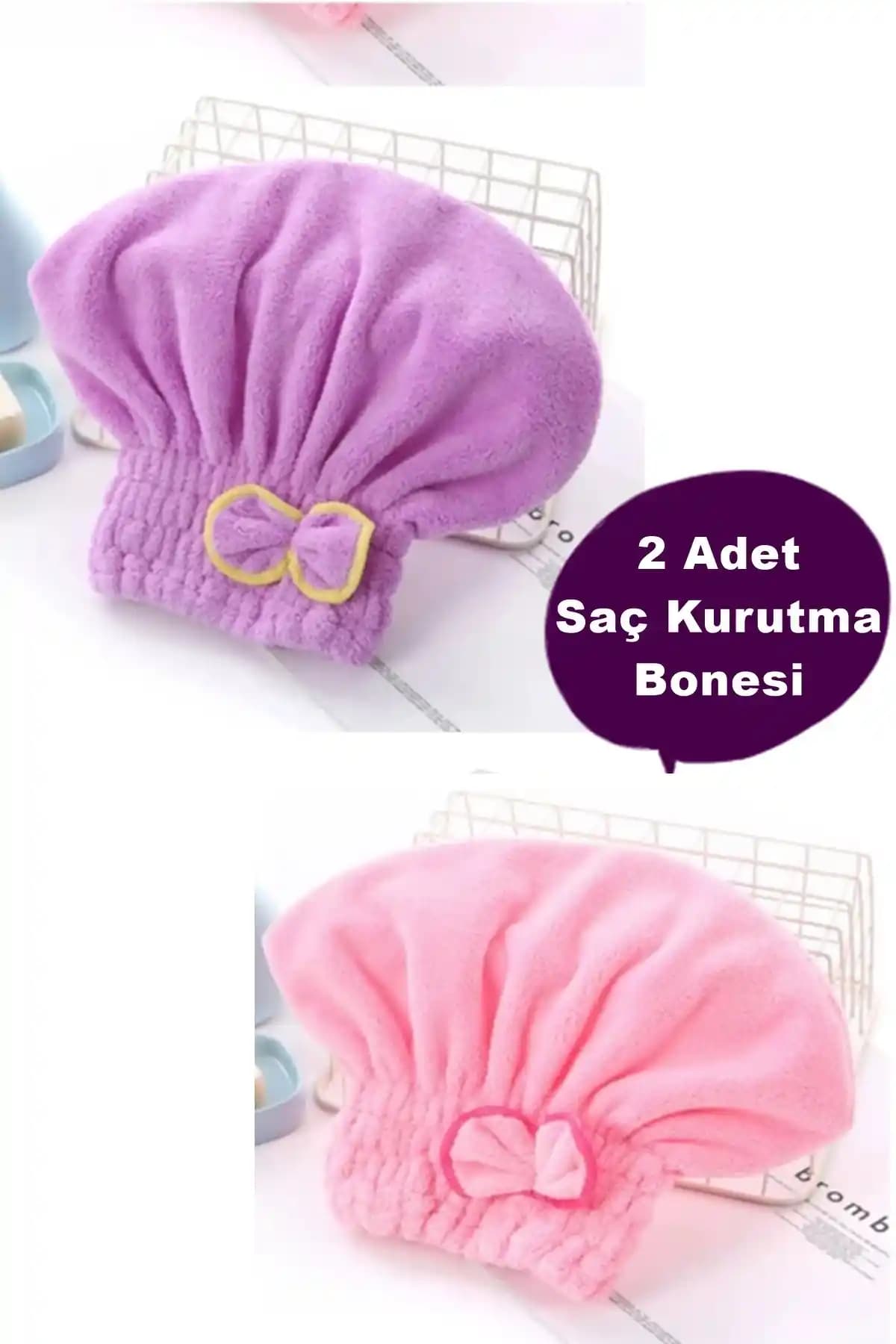 Kitchen Beauty İki Adet Mikrofiber Saç Kurutma Bonesi Pratik ve Estetik Kullanım İçin