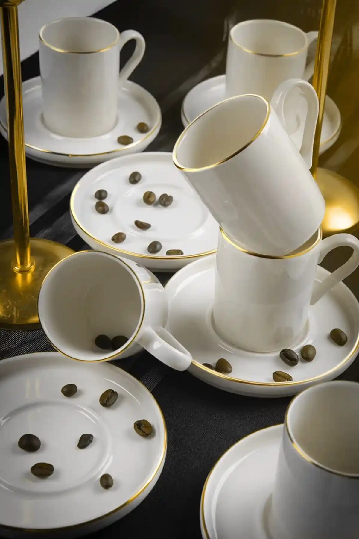 Kitchen Life 12 Parça 6 Kişilik Altın Detaylı Kahve Fincan Takımı Modern Tasarım