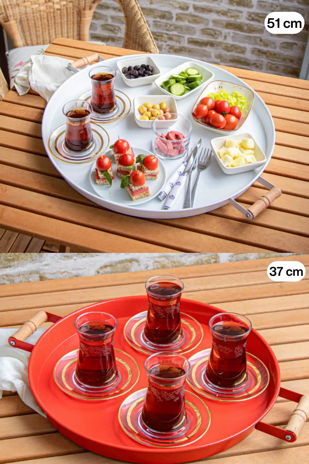 Kitchen Trend 51 cm Beyaz ve Kırmızı Metal Sunum Tepsileri: Estetik ve İşlevsellik Bir Arada