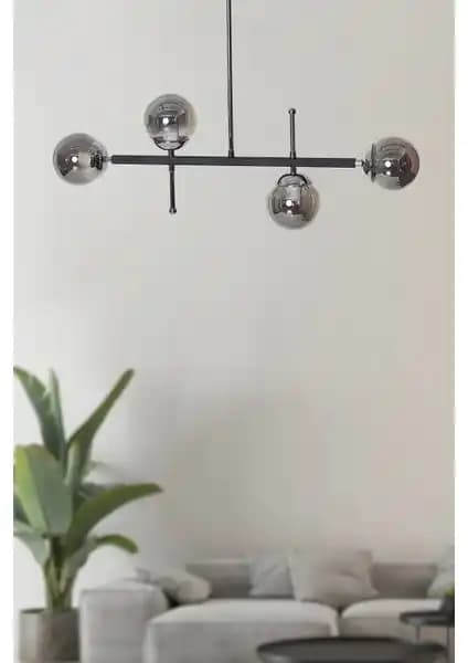 Luzarana Optik 4 Lü Krom Siyah Metal Gövde Füme Camlı Modern Sarkıt Avize