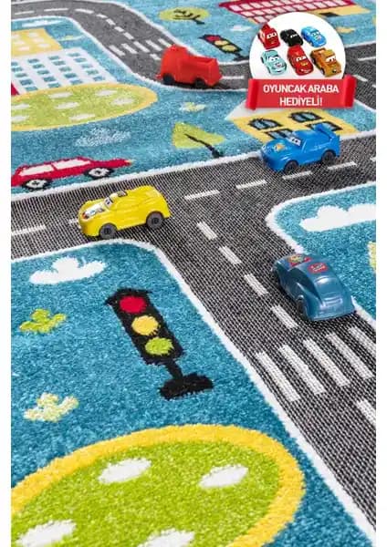 Melaris Halı 3 Boyutlu Trafik Arabalı Çocuk Halısı Güvenli ve Eğlenceli Oyun Alanı İçin