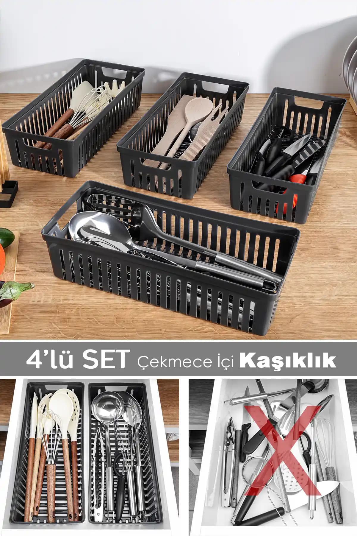 Meleni Home 4'lü Modüler Kaşıklık Seti: Şık ve Fonksiyonel Mutfak Organizeri