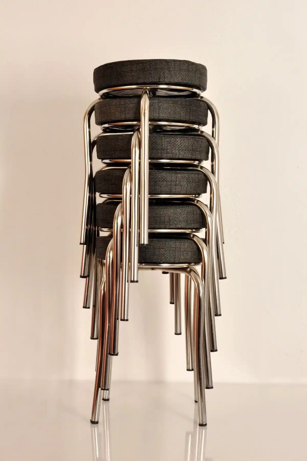 Modern Antrasit Desenli Kumaş Kaplı Demir Tabureler Seti 6 Adet