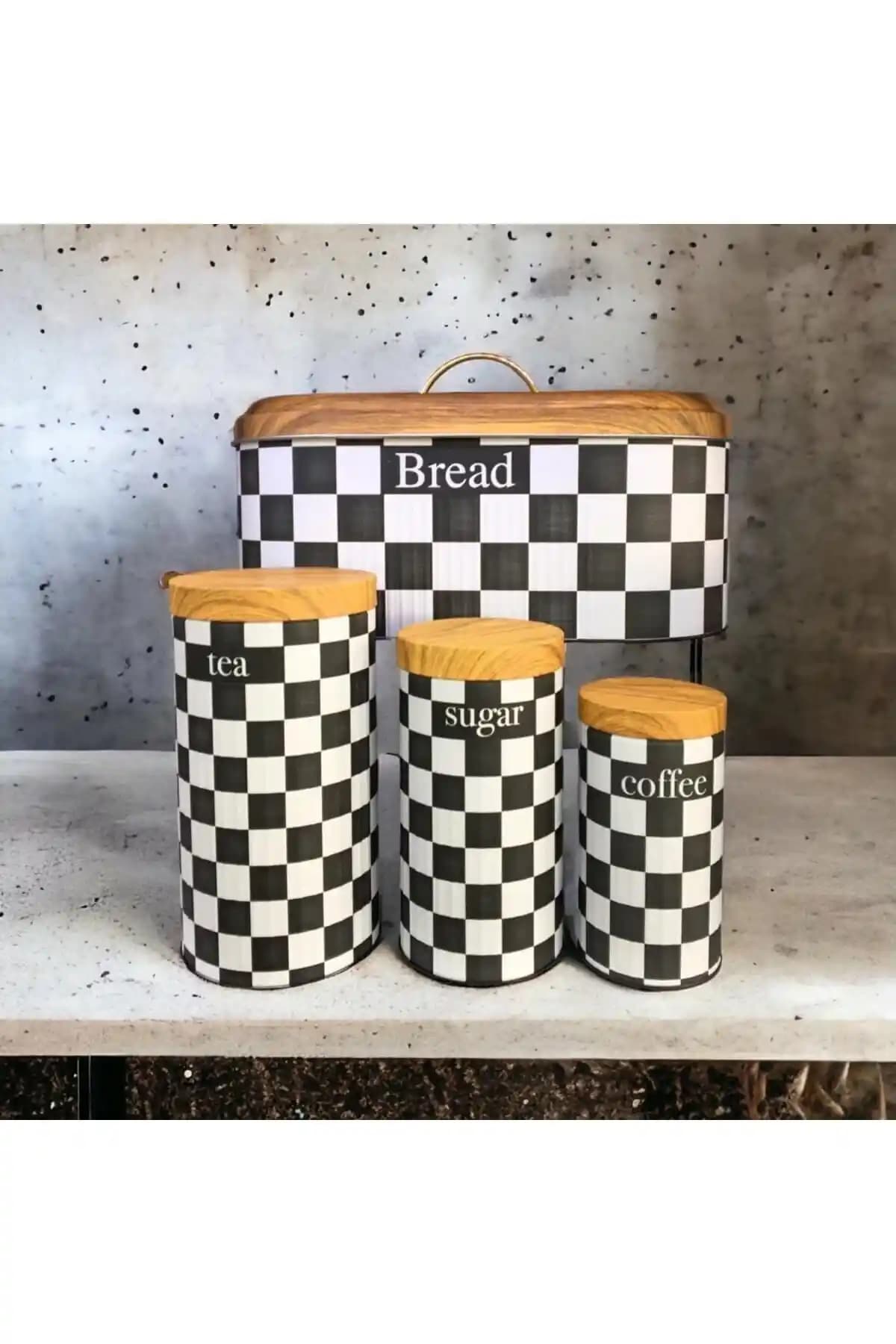 Modern Bambu Kapaklı Dama Desenli Metal Ekmeklik ve Kavanoz Seti ile Mutfak Dekorasyonunuzu Yenileyin