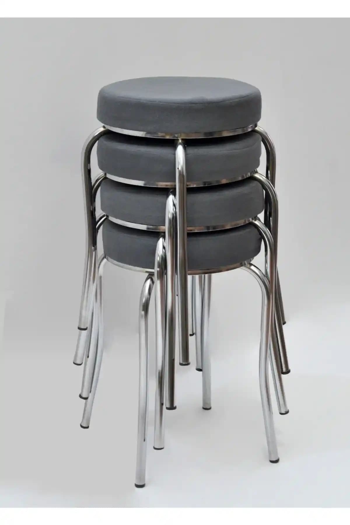 Modern ve Retro Tarzda Krom Ayaklı Mina Kumaş Metal Tabure Seti 4'lü