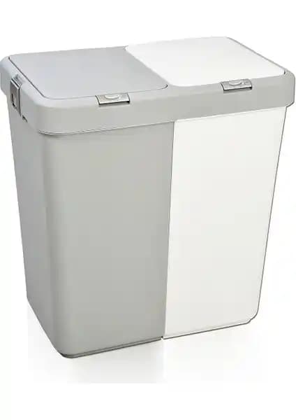 Motek Çok Amaçlı Çift Bölmeli 80 Litre Çamaşır Sepeti Gri-Beyaz Modern Tasarım